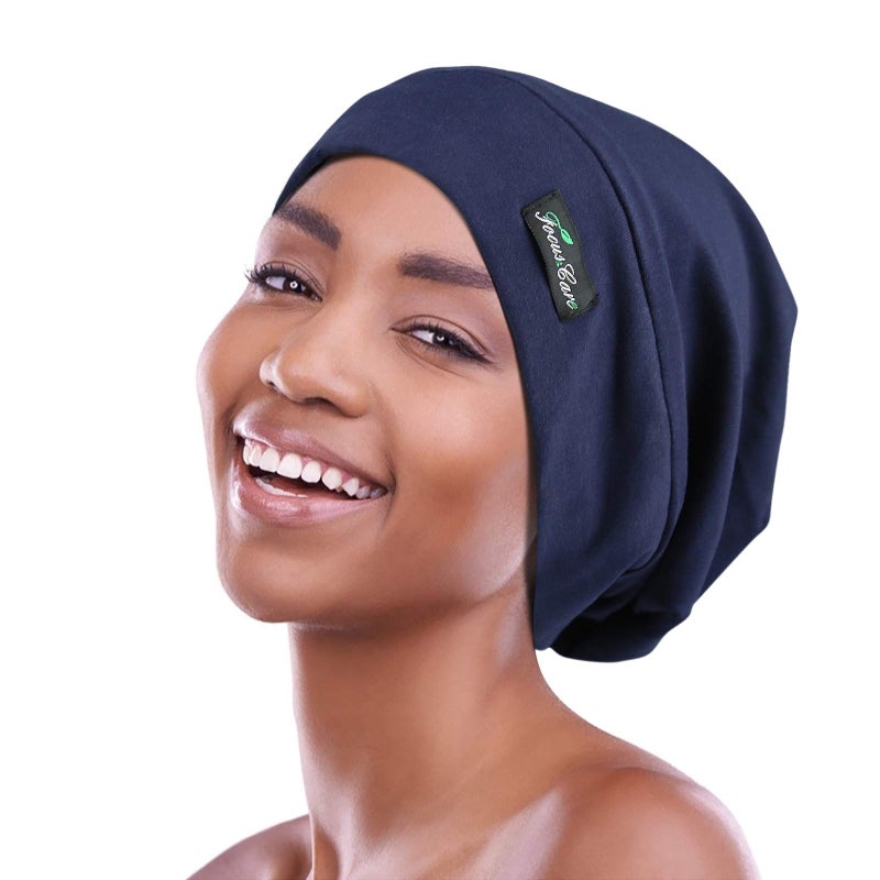 FocusCare Adjustable Sleep Hats,Silk Satin Lining Protect Curly Hair Extra Large Navy - Image 1